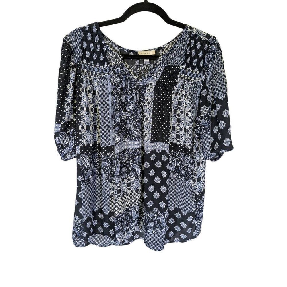NWT Alex and Lili Blue and White Printed Top Women's XL